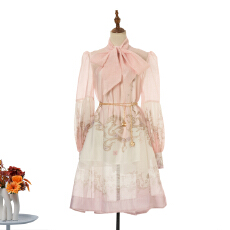 批发实拍新款欧美风宽松版立领灯笼长袖大摆印花长裙优雅连衣短裙4色