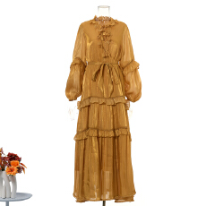 批发新款度假风花边系带立领多层珍珠荷叶边大摆型纯色长款<b class='q'>连衣裙</b> 8色