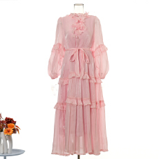 批发新款度假风花边系带立领多层珍珠荷叶边大摆型纯色长款<b class='q'>连衣裙</b> 8色