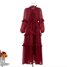 批发新款度假风花边系带立领多层珍珠荷叶边大摆型纯色长款<b class='q'>连衣裙</b> 8色