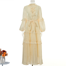 批发新款度假风花边系带立领多层珍珠荷叶边大摆型纯色长款<b class='q'>连衣裙</b> 8色