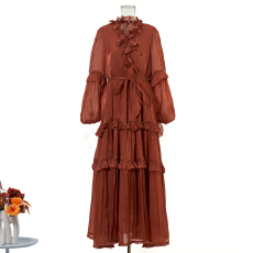 批发新款度假风花边系带立领多层珍珠荷叶边大摆型纯色长款<b class='q'>连衣裙</b> 8色