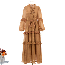 批发新款度假风花边系带立领多层珍珠荷叶边大摆型纯色长款<b class='q'>连衣裙</b> 8色