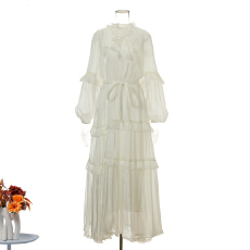 批发新款度假风花边系带立领多层珍珠荷叶边大摆型纯色长款<b class='q'>连衣裙</b> 8色