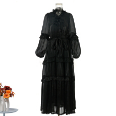 批发新款度假风花边系带立领多层珍珠荷叶边大摆型纯色长款<b class='q'>连衣裙</b> 8色