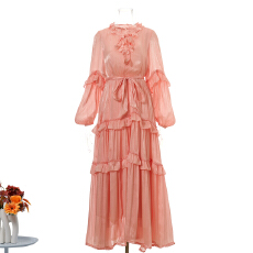 批发新款度假风花边系带立领多层珍珠荷叶边大摆型纯色长款连衣裙 9色