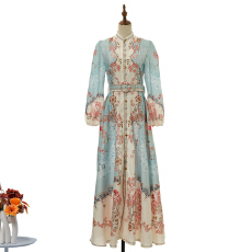 批发<b class='q'>实拍</b>新款休闲复古印花精致单排扣立领A摆连衣裙超长裙+腰带 30色