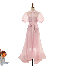 批发实拍新款优雅泡泡夏季短袖蓬松钉钻大摆裙女<b class='q'>连衣裙</b>聚会裙 5 色