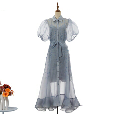 批发实拍新款优雅泡泡夏季短袖蓬松钉钻大摆裙女<b class='q'>连衣裙</b>聚会裙 5 色