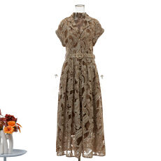 批发实拍新款度假风蕾丝刺绣花朵<b class='q'>西装</b>领连衣裙排扣收腰优雅长裙 4<b class='q'>色</b>