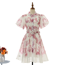 批发实拍新款翻领泡泡袖印花中短款阔摆<b class='q'>连衣裙</b>配腰带 4色