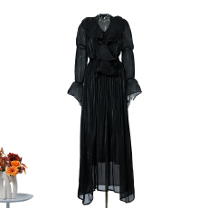 批发实拍新款法式气质荷叶<b class='q'>长裙</b>时尚高级感V领收腰喇叭袖连衣裙女 8色