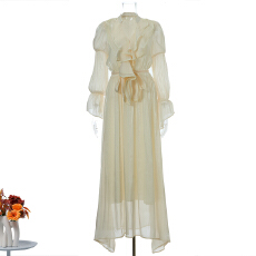 批发实拍新款法式气质荷叶<b class='q'>长裙</b>时尚高级感V领收腰喇叭袖连衣裙女 8色