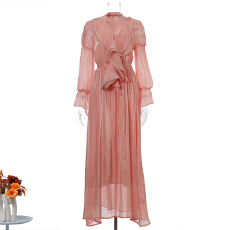 批发实拍新款法式气质荷叶<b class='q'>长裙</b>时尚高级感V领收腰喇叭袖连衣裙女 8色