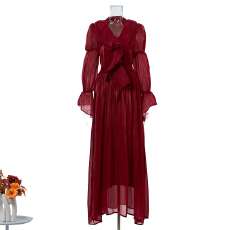 批发实拍新款法式气质荷叶<b class='q'>长裙</b>时尚高级感V领收腰喇叭袖连衣裙女 8色