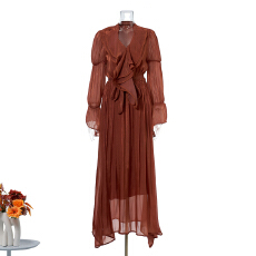 批发实拍新款法式气质荷叶<b class='q'>长裙</b>时尚高级感V领收腰喇叭袖连衣裙女 8色