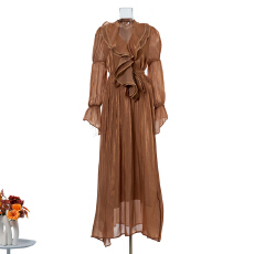 批发实拍新款法式气质荷叶<b class='q'>长裙</b>时尚高级感V领收腰喇叭袖连衣裙女 8色