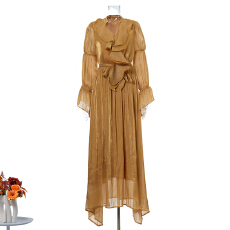 批发实拍新款法式气质荷叶<b class='q'>长裙</b>时尚高级感V领收腰喇叭袖连衣裙女 8色