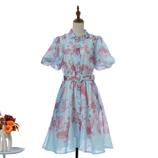 批发实拍新款翻领泡泡袖印花中短款阔摆<b class='q'>连衣裙</b>配腰带 4色