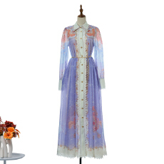 批发实拍新款2026翻领长袖蕾丝边拼接印花长款大摆<b class='q'>连衣裙</b>  4 色