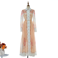 批发实拍新款2026翻领长袖蕾丝边拼接印花长款大摆<b class='q'>连衣裙</b>  4 色