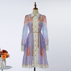 批发实拍新款拼接蕾丝<b class='q'>翻领</b>长袖腰链印花衬衣短裙优雅名媛<b class='q'>连衣裙</b> 4色