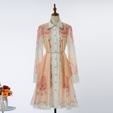 批发实拍新款拼接蕾丝<b class='q'>翻领</b>长袖腰链印花衬衣短裙优雅名媛<b class='q'>连衣裙</b> 4色