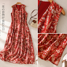 批发实拍禅意红色印花棉麻连衣裙 夏季宽松遮肉文艺复古无袖背心长裙