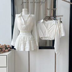 批发迟伞伞25/ss 蔚蓝晚风 两色天丝防晒衬衫花边短裙套装<b class='q'>蕾丝</b>胸衣夏