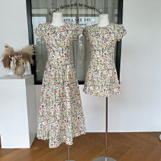 批发neurcz 莫奈花信 短袖碎花<b class='q'>纯棉</b><b class='q'>连衣裙</b>女春夏圆领长短款修身收腰裙