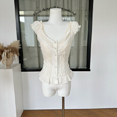批发YOLO SHOP古董少女獨<b class='q'>家</b>100棉蕾丝设计叠穿纯欲木耳边夏季短袖上衣
