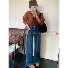 批发IEZ加绒牛仔裤92002<b class='q'>冬</b>新款经典蓝色高品质弹力刺绣窄版直筒长裤女