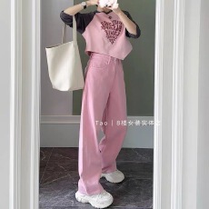 批发花匣子牛仔裤女2025春<b class='q'>夏</b>新款59396-1高腰显瘦粉色阔腿裤