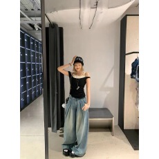 批发工字褶做旧牛仔裤女2024春<b class='q'>夏</b>新款直筒阔腿裤宽松拖地长裤复古裤子