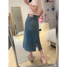 批发牛仔裙女2025秋季新款中长款半身裙弹力高腰蓝色开叉A字裙