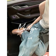 蓝色印花高腰牛仔裤2025年新款女春秋设计感小众直筒宽松阔腿裤子