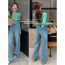 批发欧货牛仔裤Dimo8513<b class='q'>春秋</b>高腰侧压线梨形身材显瘦窄版直筒阔腿长裤