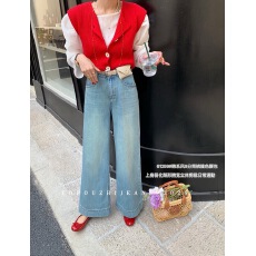 批发2025春季新款<b class='q'>韩版</b>九分筒裤撞色宽松阔腿休闲百搭显瘦<b class='q'>牛仔裤</b>61259