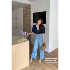 批发欧制TOP9052高腰阔腿<b class='q'>牛仔裤</b>女2025早春新款小个子<b class='q'>显瘦</b>九分奶奶裤