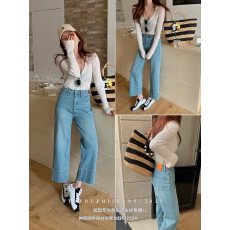 批发浅蓝色高腰阔腿奶奶裤女2025款新品小个子<b class='q'>显瘦</b>阔腿裤L88222