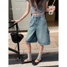 批发卡布85187<b class='q'>牛仔</b><b class='q'>短裤</b>女春夏日中裤Kabodo<b class='q'>高腰</b>A字蓝色五分裤