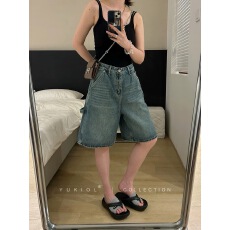 批发五分<b class='q'>牛仔</b><b class='q'>短裤</b>女春夏阔腿裤复古蓝<b class='q'>高腰</b>宽松显瘦大口袋工装中裤