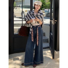 复古刺绣阔腿牛仔裤女高腰垂感春新款宽松显瘦百搭拖地直筒裤