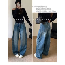 批发TOP春新款捏褶设计<b class='q'>韩版</b>阔腿弯刀裤<b class='q'>牛仔裤</b>女高腰拖地裤82526