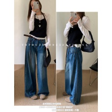 批发TOP 欧制-圈魔法裤打造障眼法直筒<b class='q'>韩版</b>阔腿裤<b class='q'>牛仔裤</b>配腰带82535