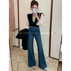 批发IEZ<b class='q'>牛仔裤</b>91916早春新款<b class='q'>韩版</b>高腰四面弹气质显瘦不贴腿微喇叭裤女