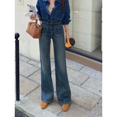 批发2026深蓝色四面弹显瘦直筒阔腿微喇裤<b class='q'>大码</b>舒适牛仔<b class='q'>女裤</b>