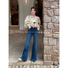 批发IEZ复古深蓝不贴腿微喇裤女春季四面弹高腰显瘦直筒喇叭牛仔长裤