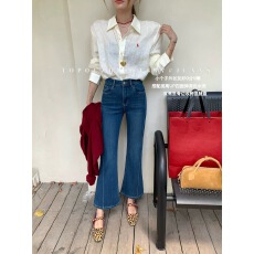 批发OUHZI欧制四面弹九分微喇裤女春季新款高腰小个子牛仔喇叭裤61637