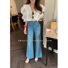 批发ZUOMO6938蓝色高腰九分微喇牛仔裤女26春季小个子百搭显瘦喇叭裤